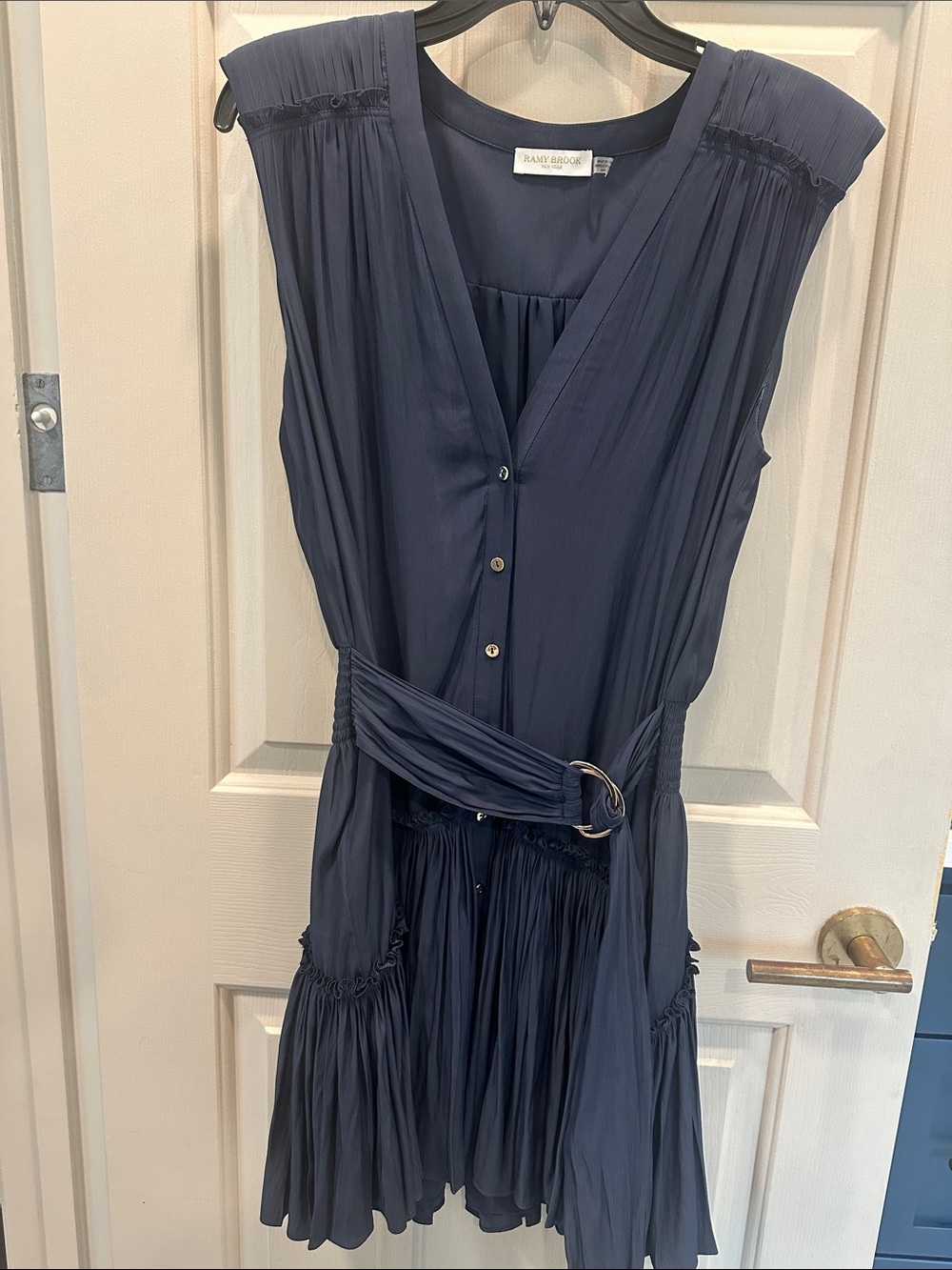 Ramy Brook Navy Sleeveless Pleated Mini Dress with Belt